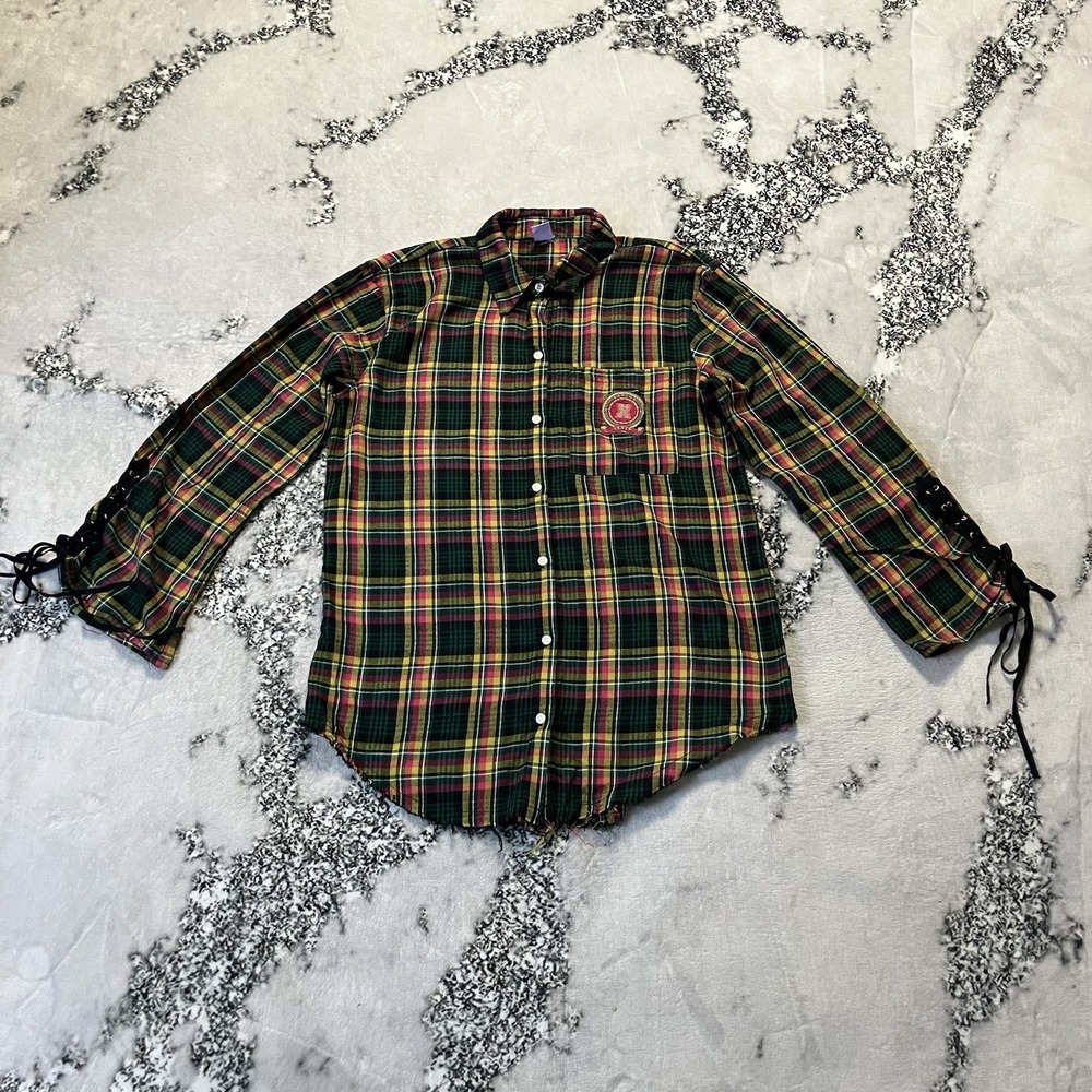 Savage X Fenty Sleep Shirt Womens Size M Multi‎ Tied Up Tartan Plaid PJ Raw Hem